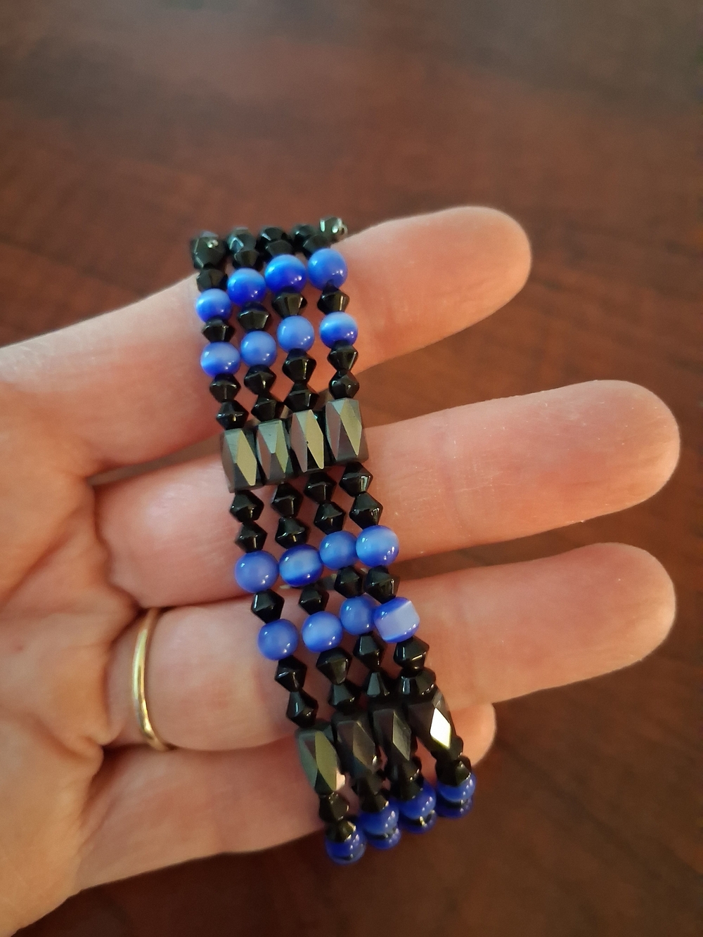 Multi-Row Blue and Black Beaded Magnetic Bracelet